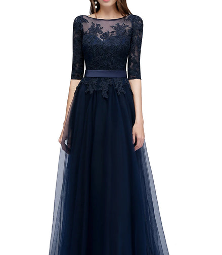 Lace Scoop Neckline Evening Dresses Elegant Half Sleeve Appliques Tulle Formal Party Floor-length Backless With Belt Robe De