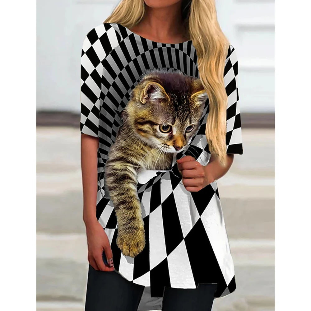 Fashion T-Shirts For Women Oversized Tops 3d Print Cat Graphic Loose Streetwear O-Neck Clothing Short Sleeves Ladies Shirts Tees