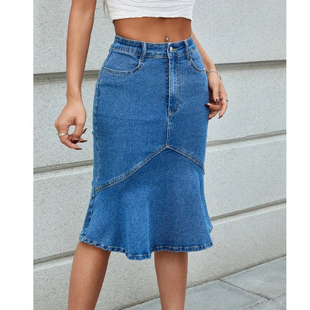Women High Waist Denim Skirts Knee Length Stretch Jeans Skirt