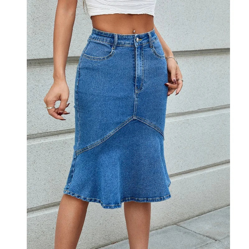 Women High Waist Denim Skirts Knee Length Stretch Jeans Skirt