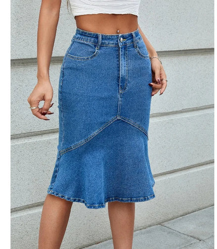 Women High Waist Denim Skirts Knee Length Stretch Jeans Skirt