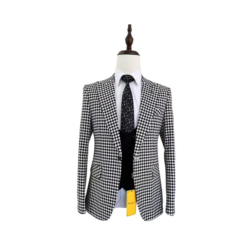 (Blazers + Pants + Vest) New Men Business Social Slim Fit Checkered Suit Male Wedding Ball Party Striped Tuxedo Dress 3Piece Set