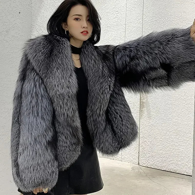 Women's fur coat short style fashion imitation fox hair whole fur coat autumn winter new casual lady jacket