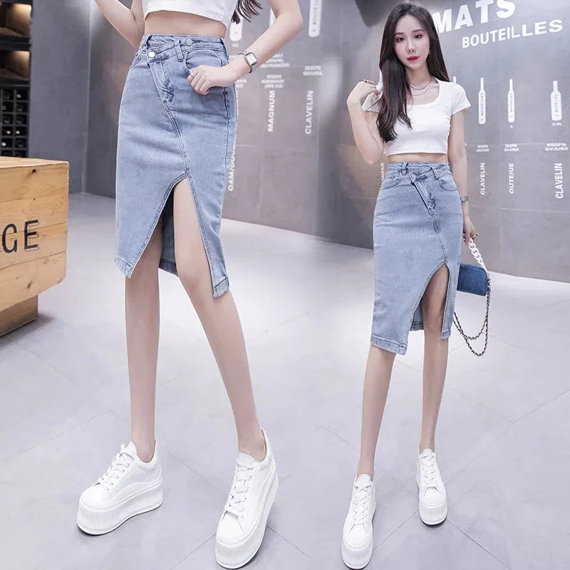 Jeans Skirts for Women Mini High Waist with Slit Midi Short To Knees Length Woman Denim Skirt V Modest Stylish A Line Casual