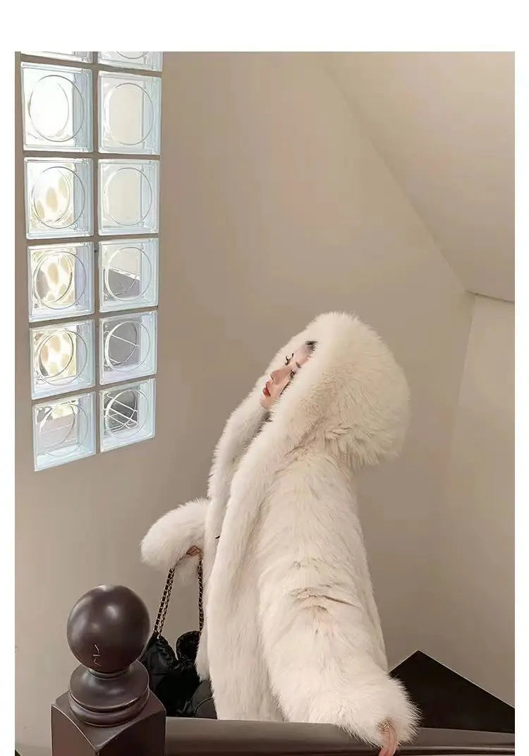 Imitation fox fur women's 2024 winter new style hooded loose slimming fur coat trendy street internet celebrity same style