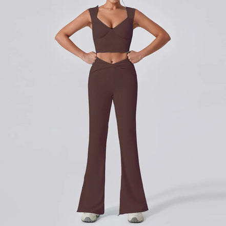 2PCS Women Yoga Set Workout Pant Outfits Fitness Sportswear Gym Tracksuit High Waist Flare Leggings Sports Bra Athletic Wear