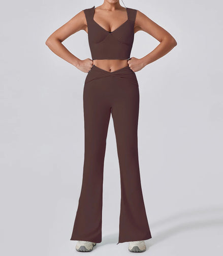 2PCS Women Yoga Set Workout Pant Outfits Fitness Sportswear Gym Tracksuit High Waist Flare Leggings Sports Bra Athletic Wear