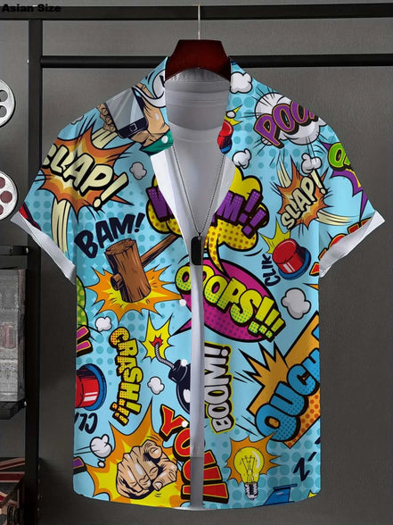 Men's Shirt Fashion Novel Graphic Tops Button Up Shirt Casual New Unisex Shirt Vacation Lapel Short Sleeves Shirt Graffiti Art