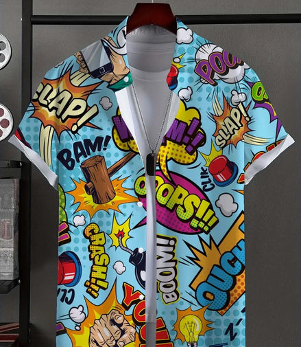 Men's Shirt Fashion Novel Graphic Tops Button Up Shirt Casual New Unisex Shirt Vacation Lapel Short Sleeves Shirt Graffiti Art