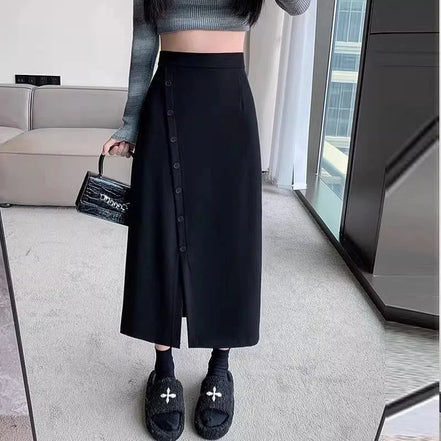 Fashion High Waist Slit Blazer Midi Skirt A Line Slim Fit Flattering