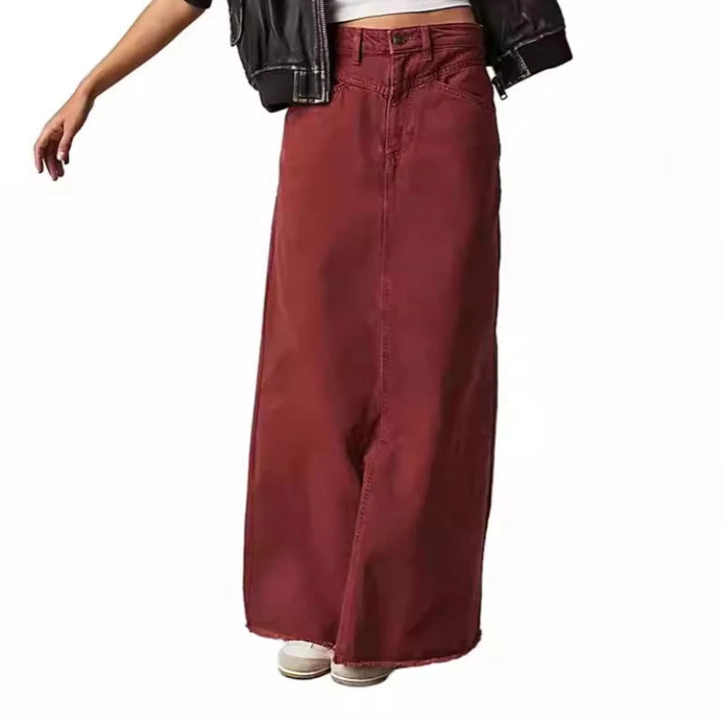 Long Skirts Denim Skirt Women Slim High Waist Straight Casual Jeans Streetwear Elegant Splice Blue Summer Button Pocket 2025