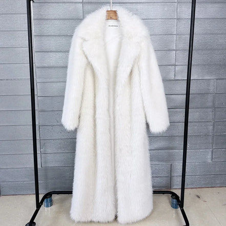 Long Faux Fur Coat Women Autumn Winter Large Jacket Overcoat White Turn Down Collar Pockets Thick Coat Warm Jackets Maxi Coats