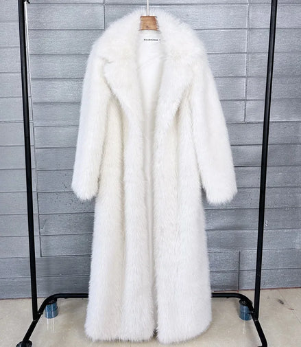 Long Faux Fur Coat Women Autumn Winter Large Jacket Overcoat White Turn Down Collar Pockets Thick Coat Warm Jackets Maxi Coats