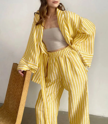 Women's Dress Sets Autumn New Striped Long-sleeved Loose Lace-up Top High-waisted Trousers Fashion Casual Suit for Women
