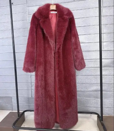 Long Faux Fur Coat Women Autumn Winter Large Jacket Overcoat White Turn Down Collar Pockets Thick Coat Warm Jackets Maxi Coats