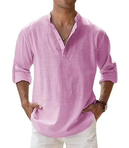 Streetwear Men Lightweight Shirts Long Sleeve Henley Cotton Linen Shirts for Men Beach Hawaiian Shirts Breathable Collar Tshirts