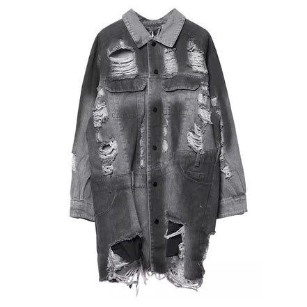 Vintage Ripped Hole Long Denim Jacket Mens Punk Distressed Denim Long Sleeve Shirt Coats 2025 Hip Hop Washed Jean Jackets