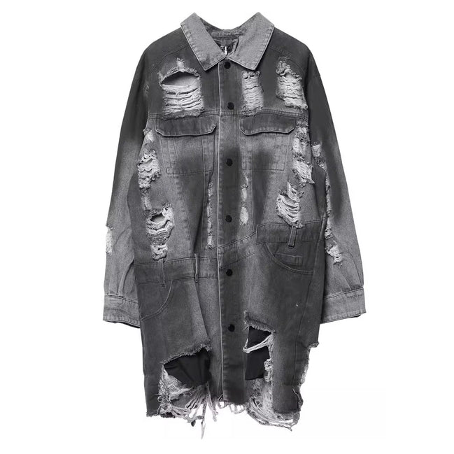 Vintage Ripped Hole Long Denim Jacket Mens Punk Distressed Denim Long Sleeve Shirt Coats 2025 Hip Hop Washed Jean Jackets