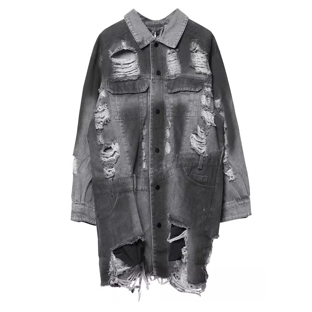 Vintage Ripped Hole Long Denim Jacket Mens Punk Distressed Denim Long Sleeve Shirt Coats 2025 Hip Hop Washed Jean Jackets