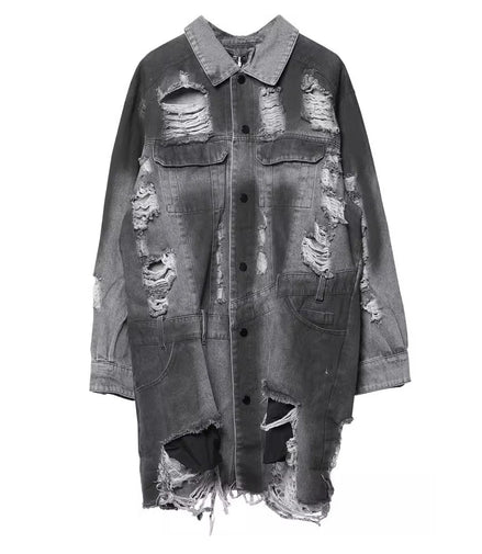 Vintage Ripped Hole Long Denim Jacket Mens Punk Distressed Denim Long Sleeve Shirt Coats 2025 Hip Hop Washed Jean Jackets