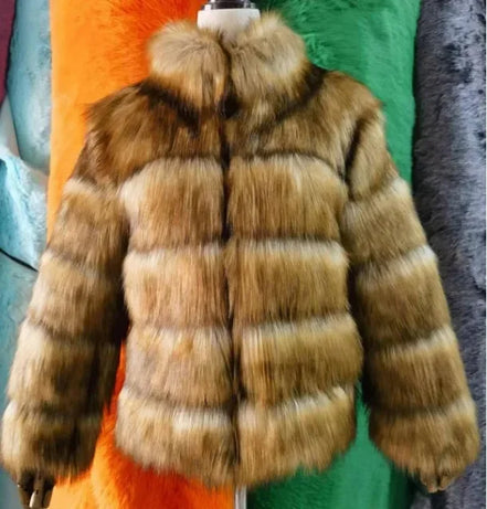 Women Faux Fur Fox Coats Short Coat Stand Collar Slim Fit Full Sleeve Elegant Splice Autumn Winter Thick Warm Open Stitch