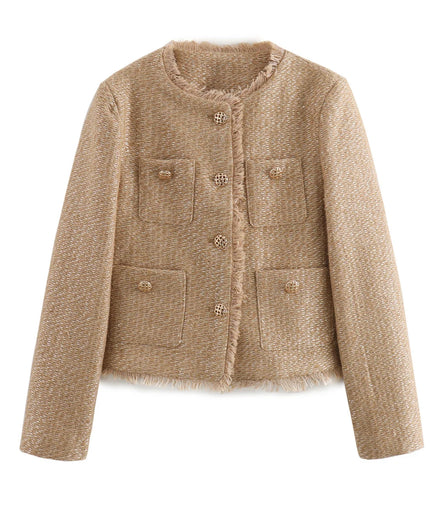 Chic Female Tweed Basic Jacket Coat Women Clothing Woolen Outerwear Long Sleeve Front Button Female Outerwear Chic Tops