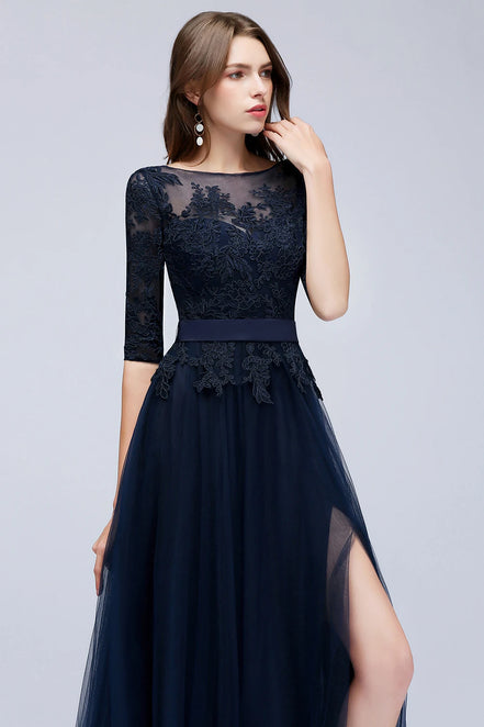 Lace Scoop Neckline Evening Dresses Elegant Half Sleeve Appliques Tulle Formal Party Floor-length Backless With Belt Robe De