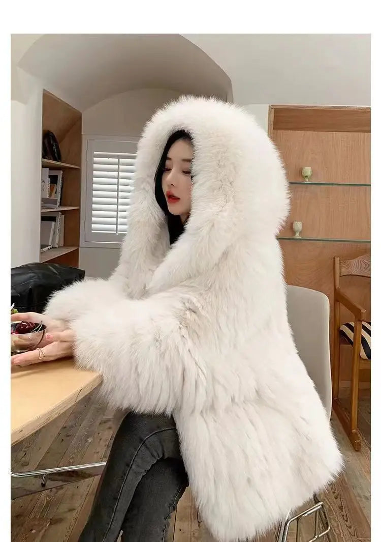 Imitation fox fur women's 2024 winter new style hooded loose slimming fur coat trendy street internet celebrity same style