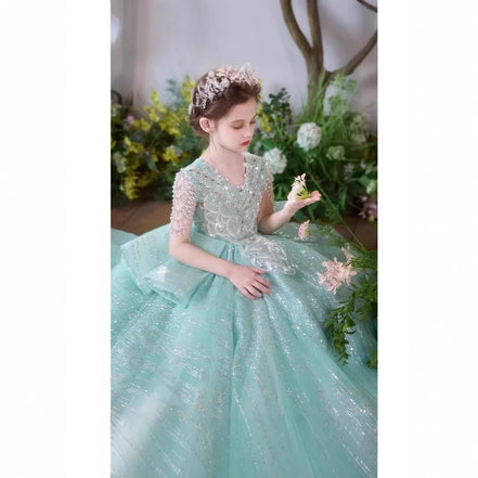 Elegant Girls Formal Dress Floral Green Evening Gown Little Miss Birthday Party Princess Pageant Wedding Flower Girl Piano Gown