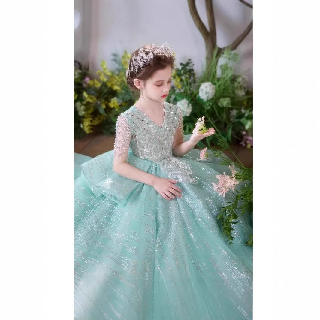 Elegant Girls Formal Dress Floral Green Evening Gown Little Miss Birthday Party Princess Pageant Wedding Flower Girl Piano Gown