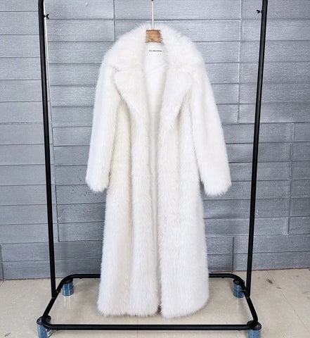 Long Faux Fur Coat Women Autumn Winter Large Jacket Overcoat White Turn Down Collar Pockets Thick Coat Warm Jackets Maxi Coats