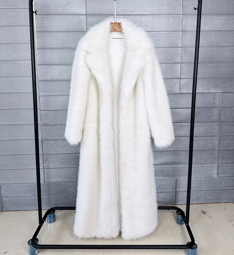 Long Faux Fur Coat Women Autumn Winter Large Jacket Overcoat White Turn Down Collar Pockets Thick Coat Warm Jackets Maxi Coats