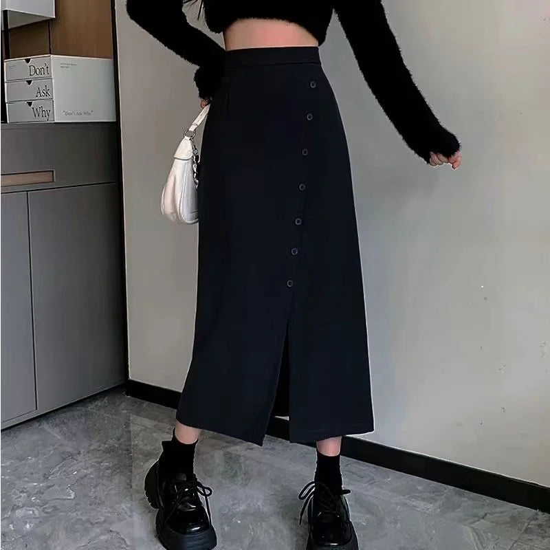 Fashion High Waist Slit Blazer Midi Skirt A Line Slim Fit Flattering