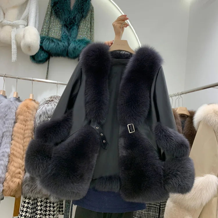 ZDFURS*Fox Fur Fur Coat Women's Mid-Length 2025  New Whole Leather Sheepskin Coat Fashionable Winter Slimming