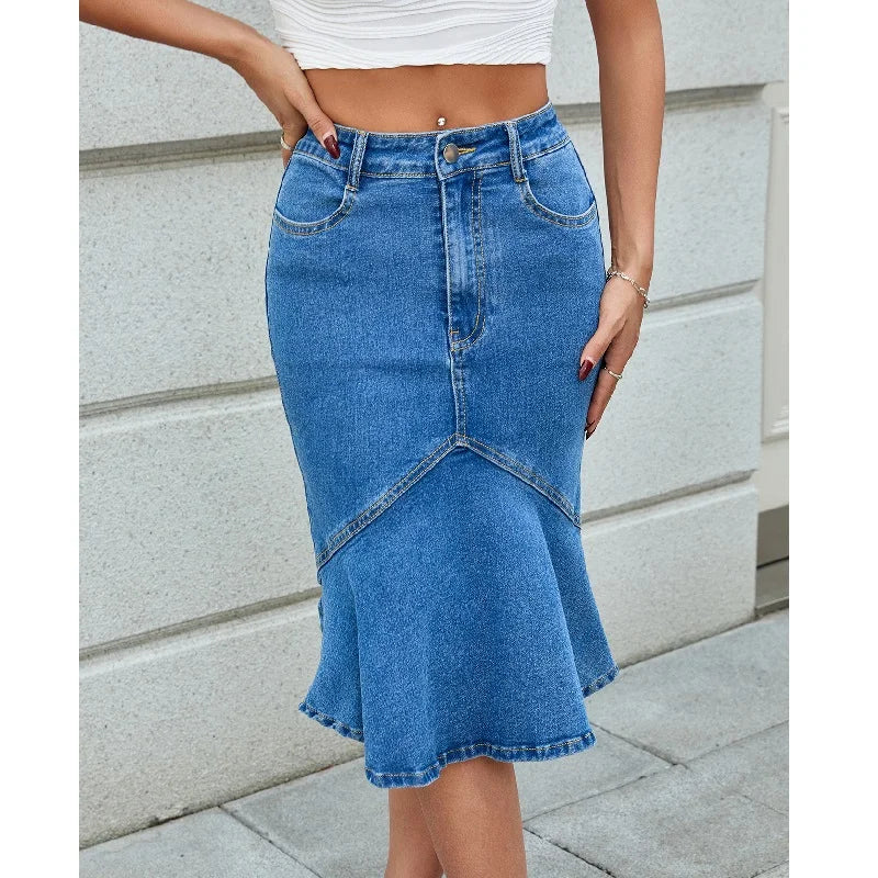 Women High Waist Denim Skirts Knee Length Stretch Jeans Skirt