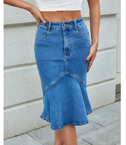 Women High Waist Denim Skirts Knee Length Stretch Jeans Skirt