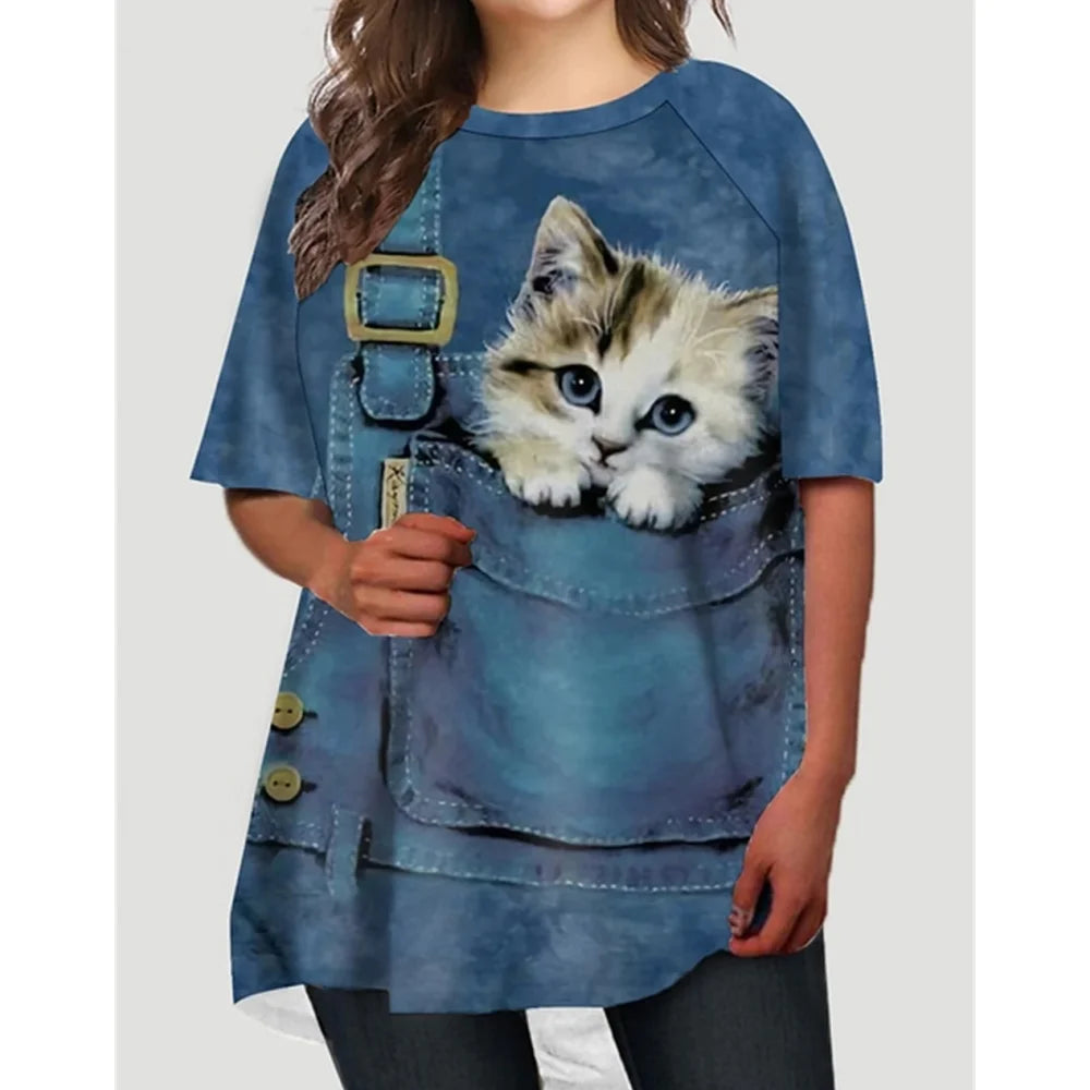 Fashion T-Shirts For Women Oversized Tops 3d Print Cat Graphic Loose Streetwear O-Neck Clothing Short Sleeves Ladies Shirts Tees