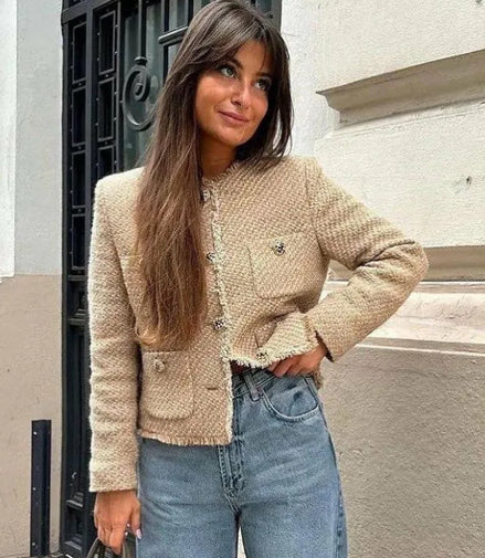 Chic Female Tweed Basic Jacket Coat Women Clothing Woolen Outerwear Long Sleeve Front Button Female Outerwear Chic Tops
