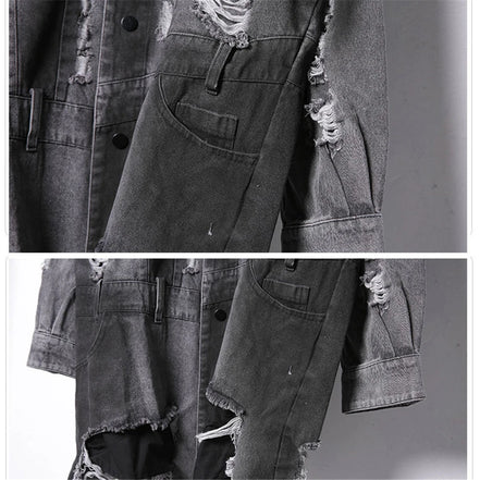 Vintage Ripped Hole Long Denim Jacket Mens Punk Distressed Denim Long Sleeve Shirt Coats 2025 Hip Hop Washed Jean Jackets