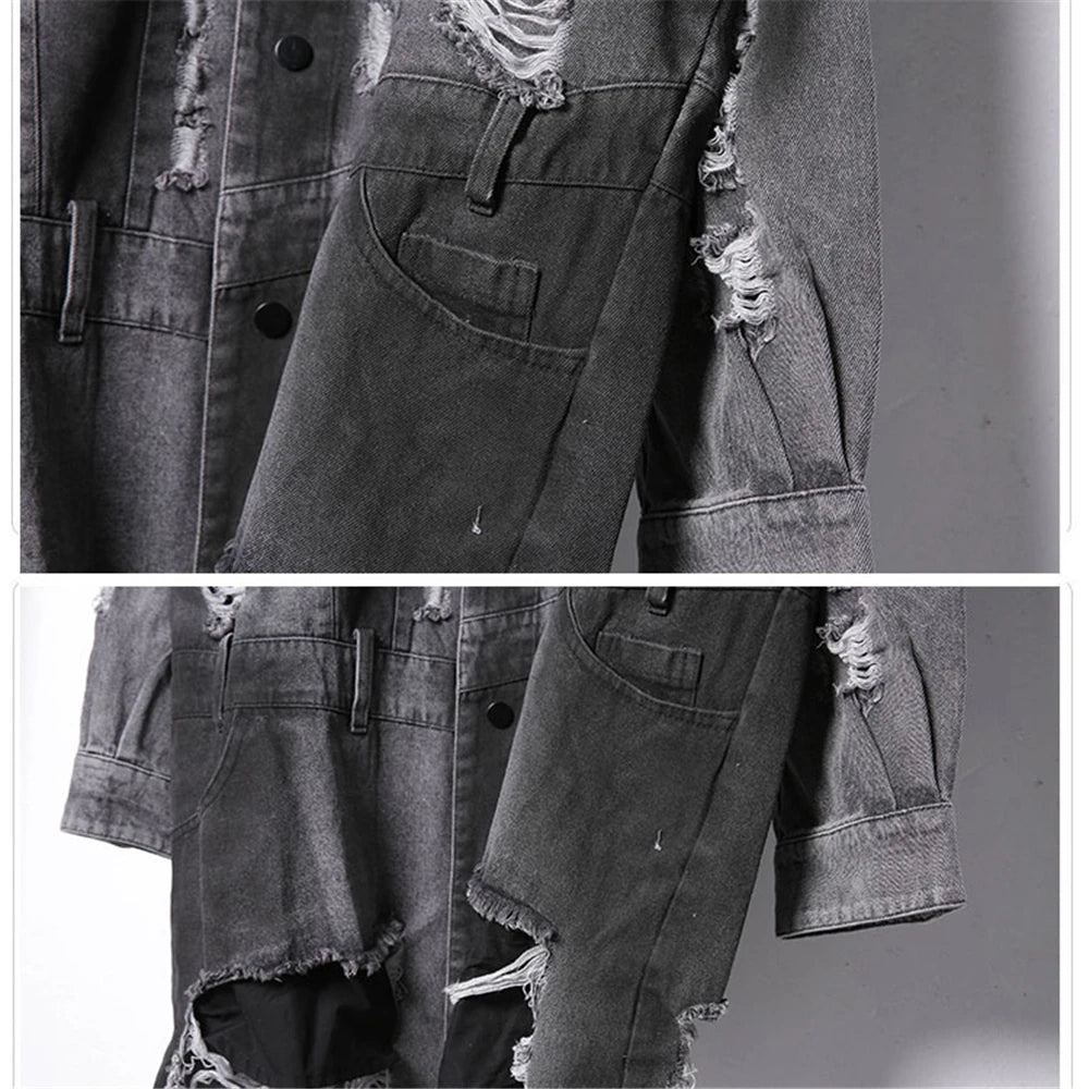 Vintage Ripped Hole Long Denim Jacket Mens Punk Distressed Denim Long Sleeve Shirt Coats 2025 Hip Hop Washed Jean Jackets