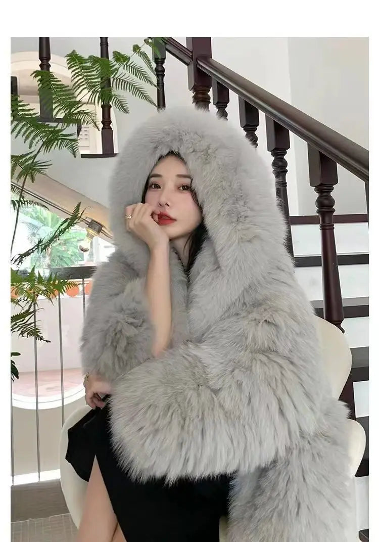 Imitation fox fur women's 2024 winter new style hooded loose slimming fur coat trendy street internet celebrity same style