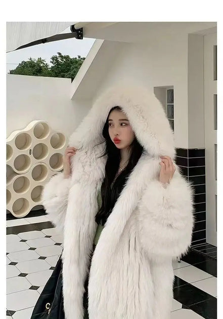 Imitation fox fur women's 2024 winter new style hooded loose slimming fur coat trendy street internet celebrity same style