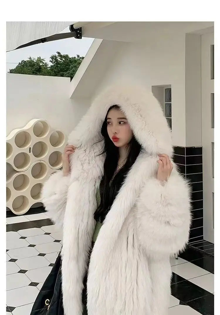 Imitation fox fur women's 2024 winter new style hooded loose slimming fur coat trendy street internet celebrity same style