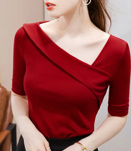 Woman's Clothing Basic T-Shirts Tops Lady Slim Short Sleeve Skew Collar Sheath Blouse Tops SS055