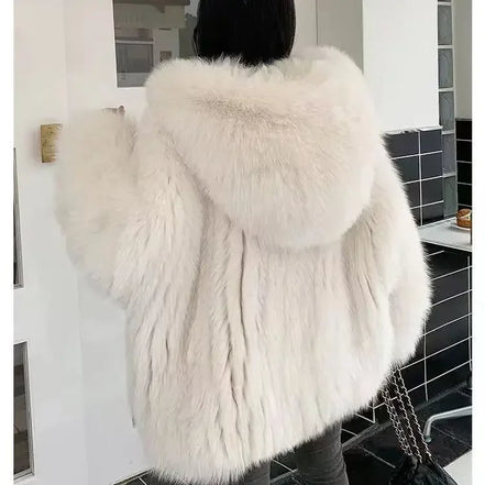 Imitation fox fur women's 2024 winter new style hooded loose slimming fur coat trendy street internet celebrity same style