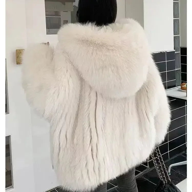 Imitation fox fur women's 2024 winter new style hooded loose slimming fur coat trendy street internet celebrity same style