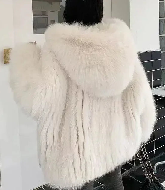 Imitation fox fur women's 2024 winter new style hooded loose slimming fur coat trendy street internet celebrity same style