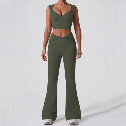 2PCS Women Yoga Set Workout Pant Outfits Fitness Sportswear Gym Tracksuit High Waist Flare Leggings Sports Bra Athletic Wear
