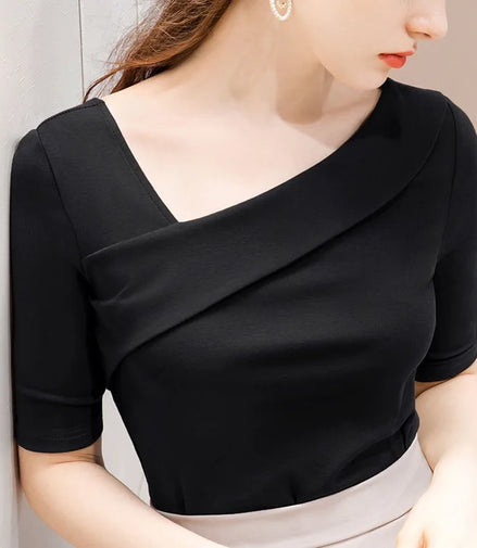 Woman's Clothing Basic T-Shirts Tops Lady Slim Short Sleeve Skew Collar Sheath Blouse Tops SS055