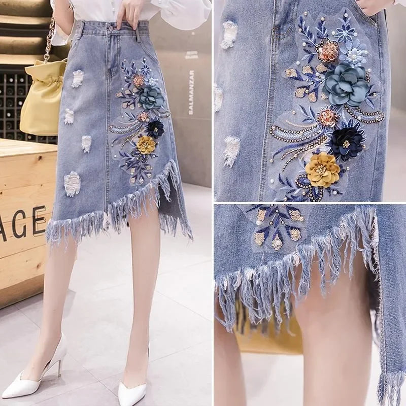 Jeans Skirts for Women Midi Woman Denim Skirt Chubby High Waist Fringe Cheap Clothing Sales Aesthetic A Line Modest Korean Style